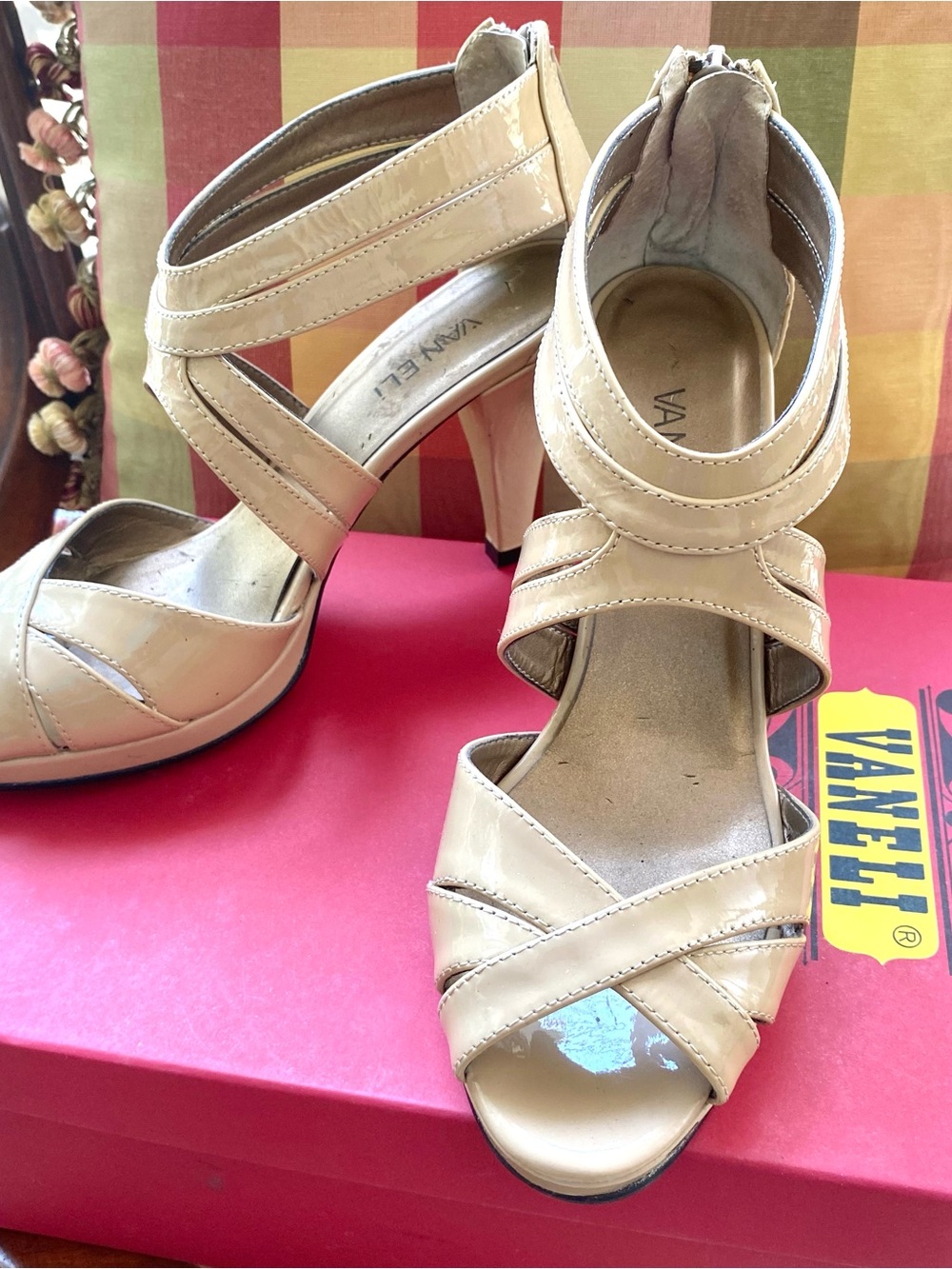 VANELi EUC Nude Patent Leather Crossover Strap Heels